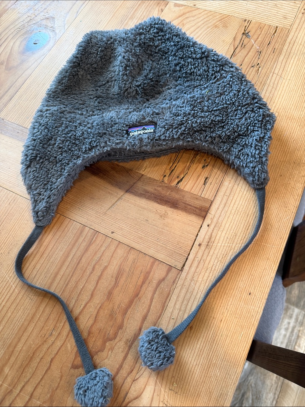 Patagonia Kids Gray Fleece Trapper Hat with Pom Ties